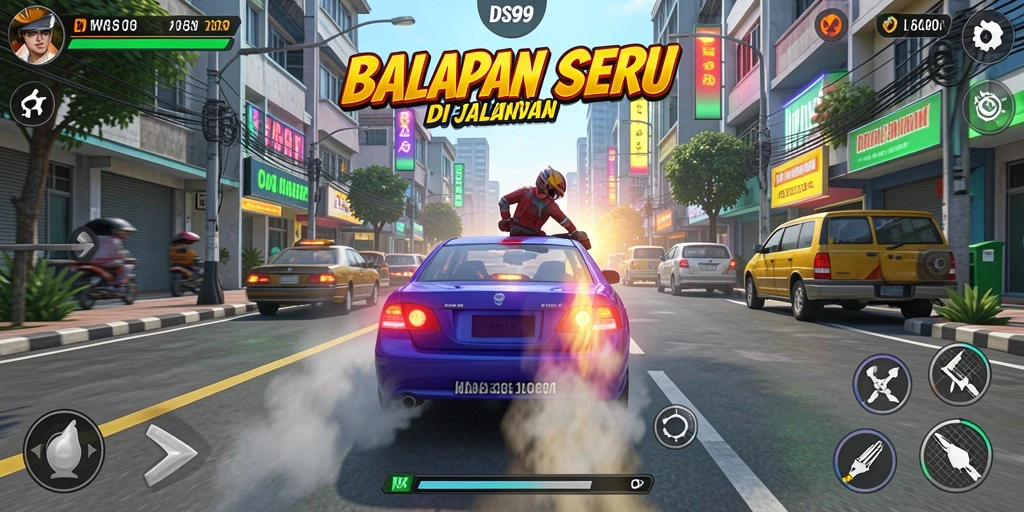 Gameplay DS99 yang mendebarkan dengan mobil balap berkecepatan tinggi.
