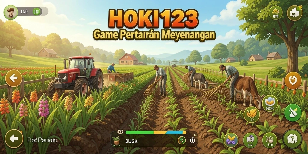 Tampilan gameplay HOKI123 yang menampilkan kebun subur dan hewan ternak.