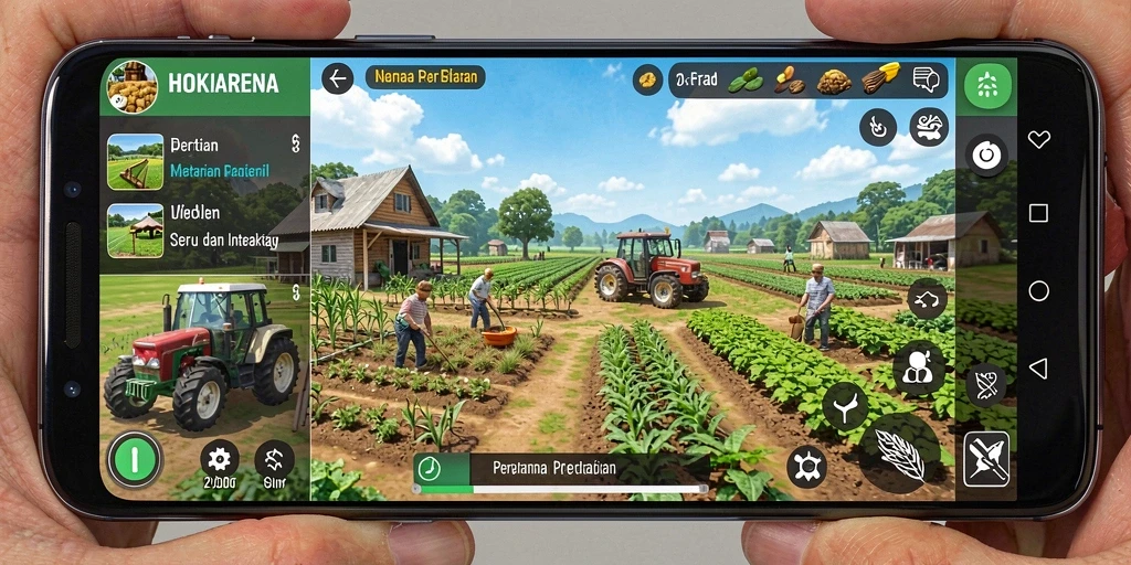 Tampilan gameplay HOKIARENA yang menggambarkan ladang indah dan aktivitas bertani.