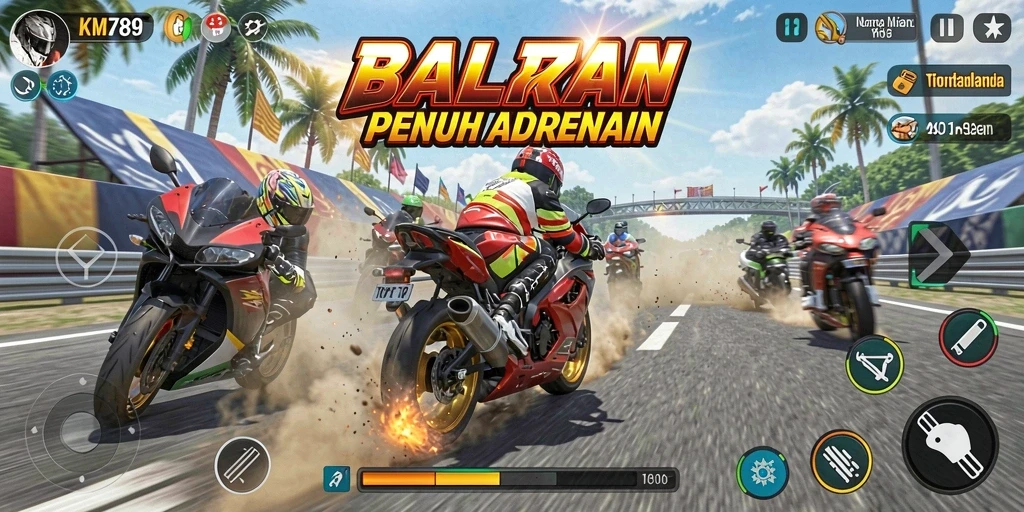 Tampilan gameplay KM789 dengan balapan motor yang seru.