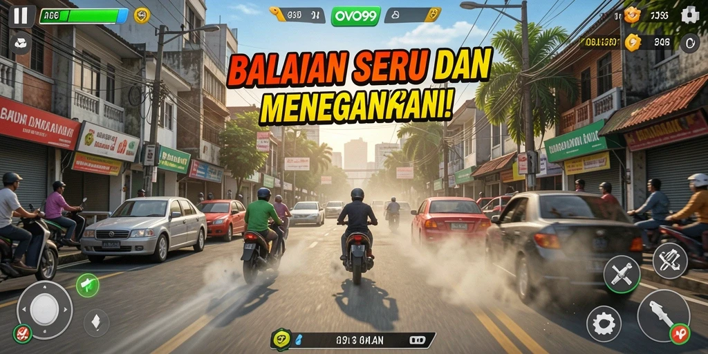 Screenshot gameplay OVO99 menampilkan aksi balap yang mendebarkan.