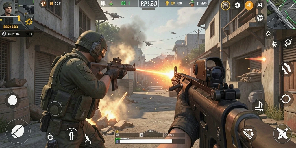 Screenshot gameplay RP55 menampilkan aksi tembak-menembak yang intens dan mendebarkan.